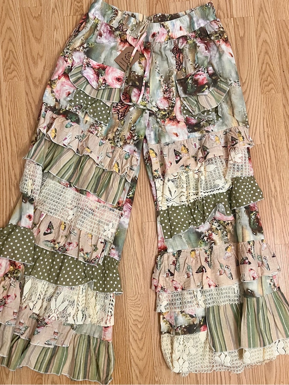 A RARE BIRD - NEW WITH TAGS Bohemian Wide-Leg Ruffle Patchwork Pants - Butterfly